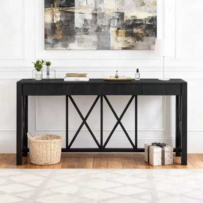 Luxystar 60'' Console Table with 4 Spacious Drawers, Open Bottom Storage for Living Room and Hallway, Black
