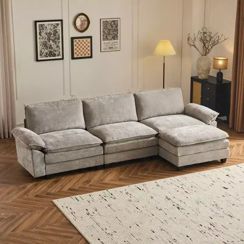 Divano in ciniglia con braccioli e piano imbottito, larghezza 120 pollici, con pouf