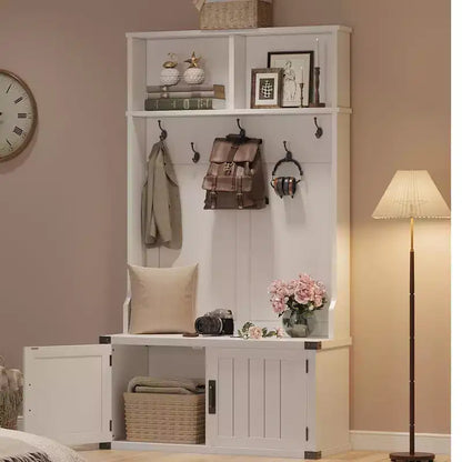 Hall Tree, Shoe Storage Bench - 4-in-1 Entryway Coat Rack with Metal Corner Protector, 5 Hooks, Adjustable Shelf & Wood Doors, White