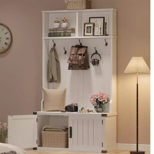 Hall Tree, Shoe Storage Bench - 4-in-1 Entryway Coat Rack with Metal Corner Protector, 5 Hooks, Adjustable Shelf & Wood Doors, White