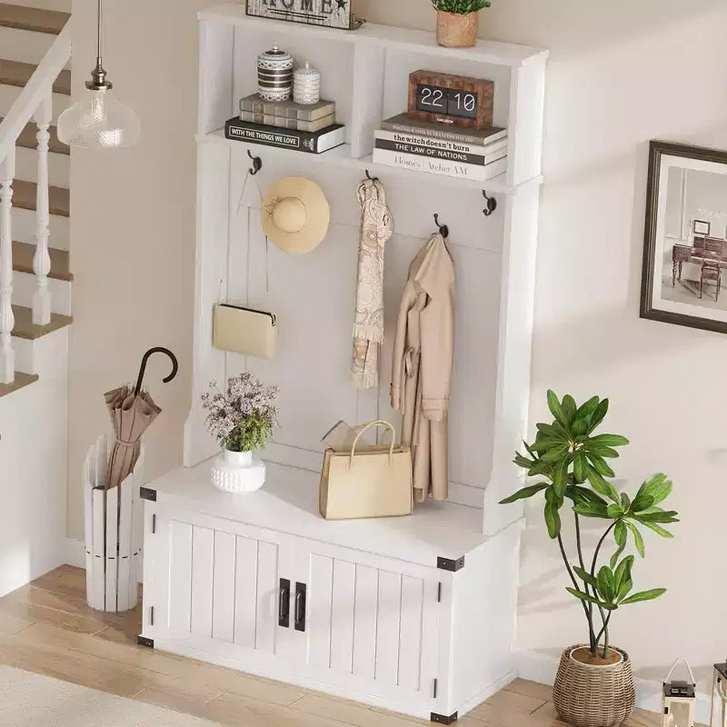 Albero da Ingresso con Panchina Contenitore per Scarpe, Appendiabiti, 5 Ganci, Ripiano Regolabile e Ante in Legno – Bianco