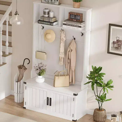Albero da Ingresso con Panchina Contenitore per Scarpe, Appendiabiti, 5 Ganci, Ripiano Regolabile e Ante in Legno – Bianco
