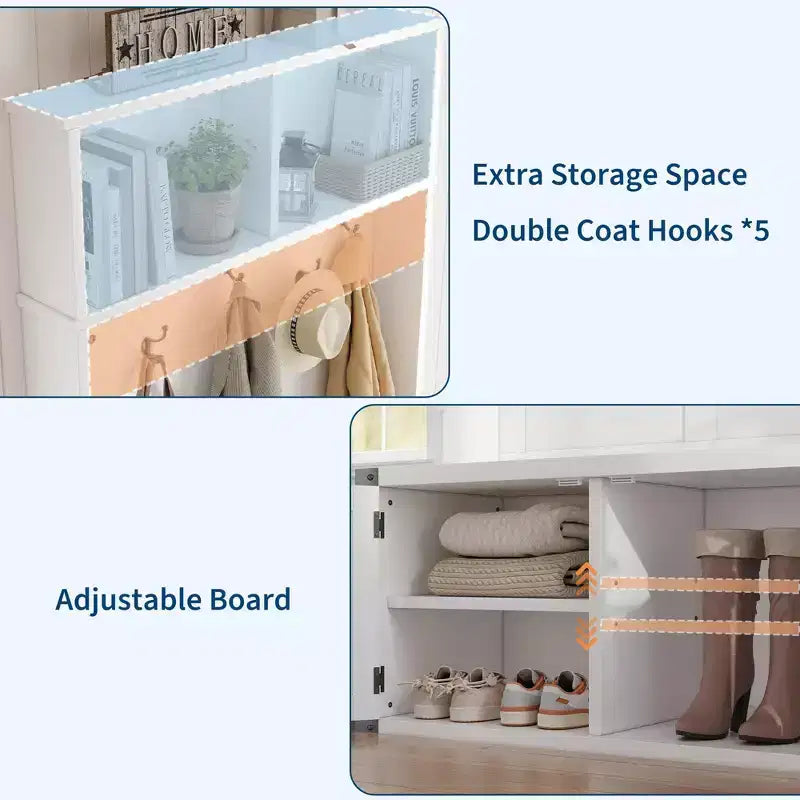 Albero da Ingresso con Panchina Contenitore per Scarpe, Appendiabiti, 5 Ganci, Ripiano Regolabile e Ante in Legno – Bianco