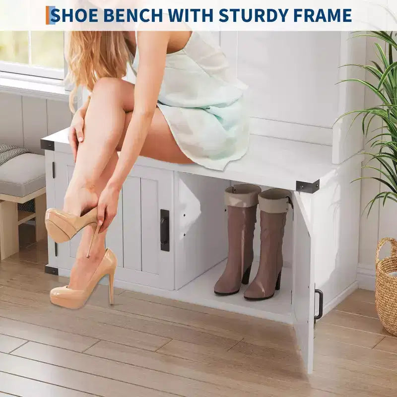 Albero da Ingresso con Panchina Contenitore per Scarpe, Appendiabiti, 5 Ganci, Ripiano Regolabile e Ante in Legno – Bianco