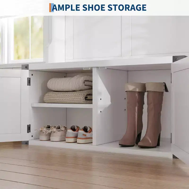 Albero da Ingresso con Panchina Contenitore per Scarpe, Appendiabiti, 5 Ganci, Ripiano Regolabile e Ante in Legno – Bianco