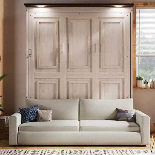 Queen Size Murphy Bed with Sofa & LED Lights, Space Saving Wall Bed Unit with Upholstered Sofa, Beige - ModernLuxe