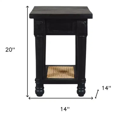 Tavolino Quadrato da 20 Pollici con Ripiano – Legno Massello e Rattan
