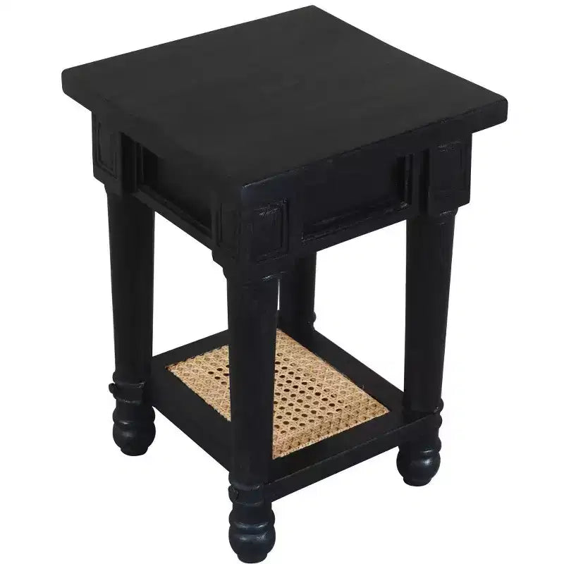 Tavolino Quadrato da 20 Pollici con Ripiano – Legno Massello e Rattan