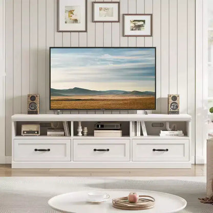 Mobile TV moderno da 70 pollici con cassetti e ripiani aperti