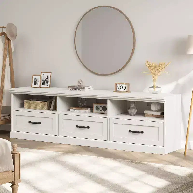 Mobile TV moderno da 70 pollici con cassetti e ripiani aperti