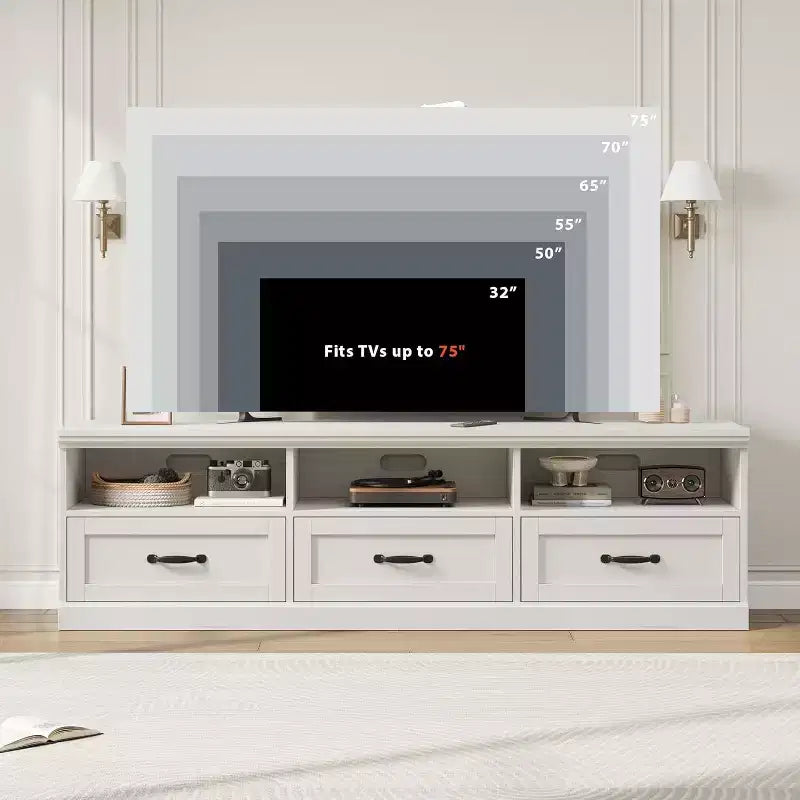 Mobile TV moderno da 70 pollici con cassetti e ripiani aperti