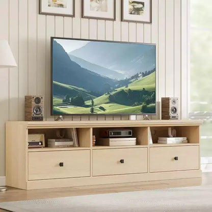 Mobile TV moderno da 70 pollici con cassetti e ripiani aperti