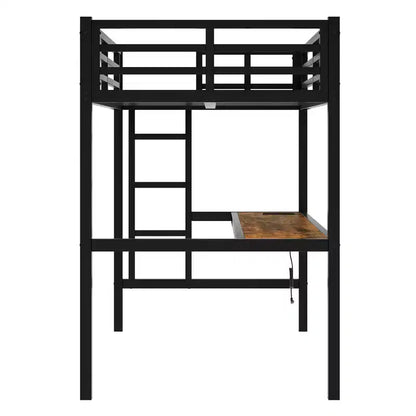 Letto a soppalco Twin XL con scrivania, luci a LED e prese di corrente – Nero