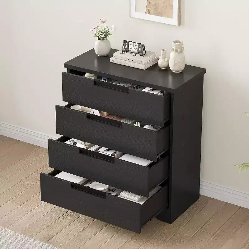 Cassettiera nera a 4 cassetti con maniglie integrate