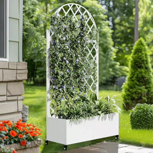 MAYEERTY Planter Box with Trellis Iron White Arch Louvered Classic Style 72x35x16in 3-Piece Set