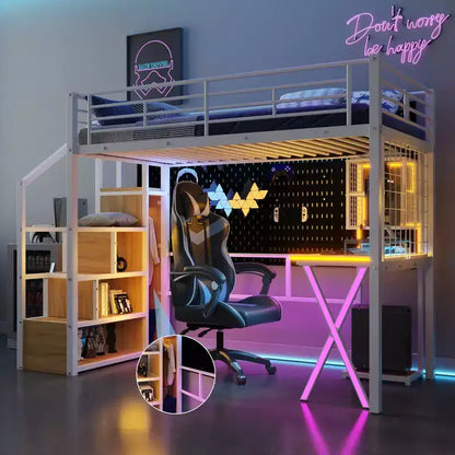 Full Size Metal Loft Bed with Desk and Wardrobe, Heavy Duty Loft Bed Frame Storage Staircase and LED
