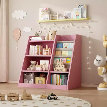 Pink Wooden Toy Storage Organizer Cabinet Kids Bookshelf Children Bookcase Toddler Baby Sling Book Rack Shelf for Playroom Bedroom