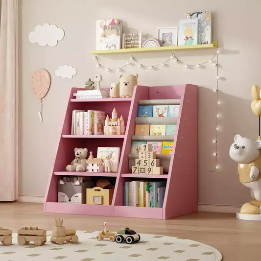Pink Wooden Toy Storage Organizer Cabinet Kids Bookshelf Children Bookcase Toddler Baby Sling Book Rack Shelf for Playroom Bedroom