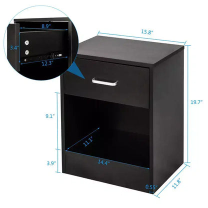 Comodino nero a 1 cassetto, set da 2