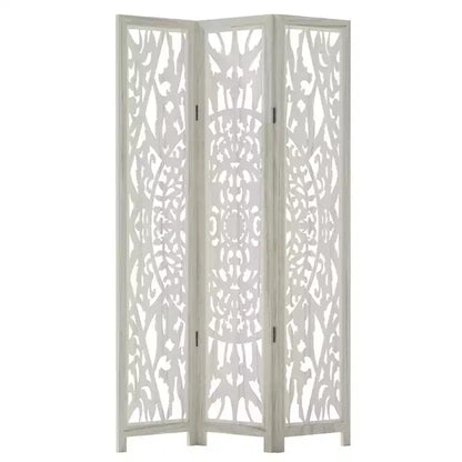 Divisorio in legno intagliato floreale – Paravento pieghevole a 3 pannelli, bianco