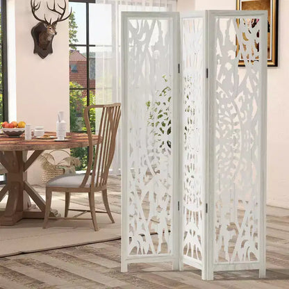 Divisorio in legno intagliato floreale – Paravento pieghevole a 3 pannelli, bianco