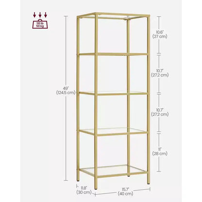 Libreria sottile a 5 ripiani con ripiani in vetro temperato e struttura in acciaio color oro