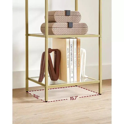 Libreria sottile a 5 ripiani con ripiani in vetro temperato e struttura in acciaio color oro