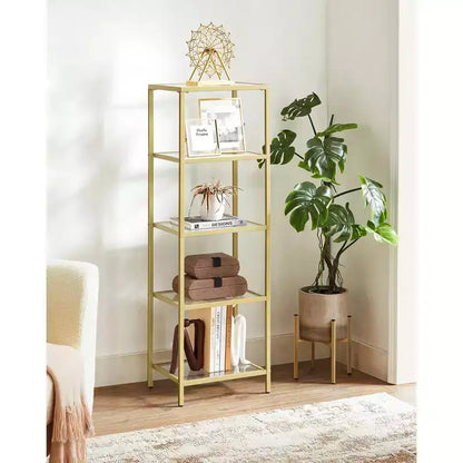 Libreria sottile a 5 ripiani con ripiani in vetro temperato e struttura in acciaio color oro