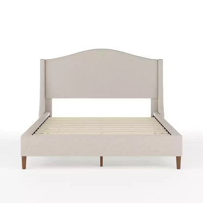Letto a piattaforma imbottito Amelia con testiera curva e sponde imbottite