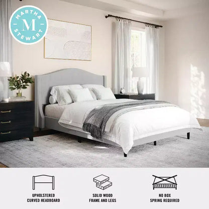 Letto a piattaforma imbottito Amelia con testiera curva e sponde imbottite