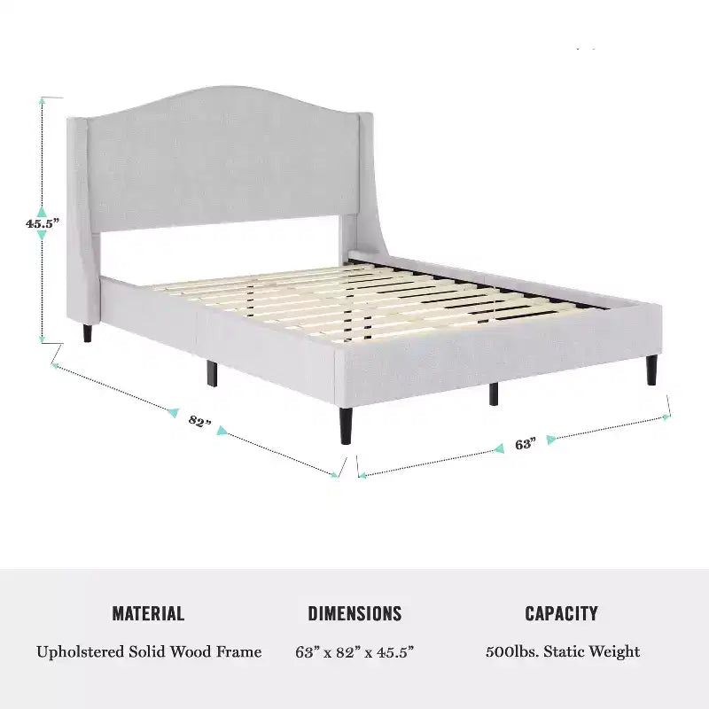 Letto a piattaforma imbottito Amelia con testiera curva e sponde imbottite