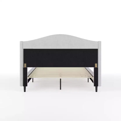 Letto a piattaforma imbottito Amelia con testiera curva e sponde imbottite
