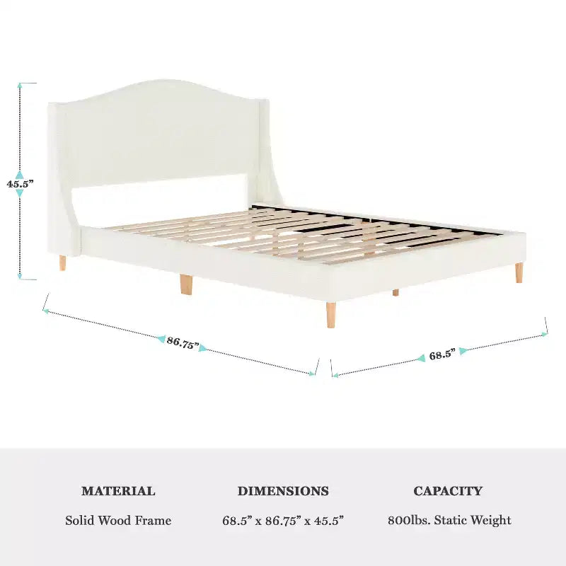 Letto a piattaforma imbottito Amelia con testiera curva e sponde imbottite