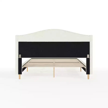Letto a piattaforma imbottito Amelia con testiera curva e sponde imbottite