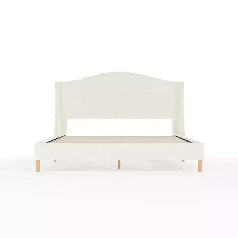 Letto a piattaforma imbottito Amelia con testiera curva e sponde imbottite
