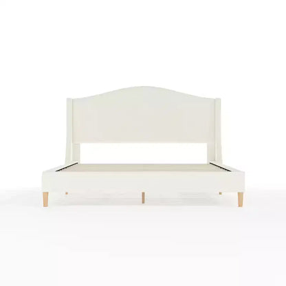 Letto a piattaforma imbottito Amelia con testiera curva e sponde imbottite