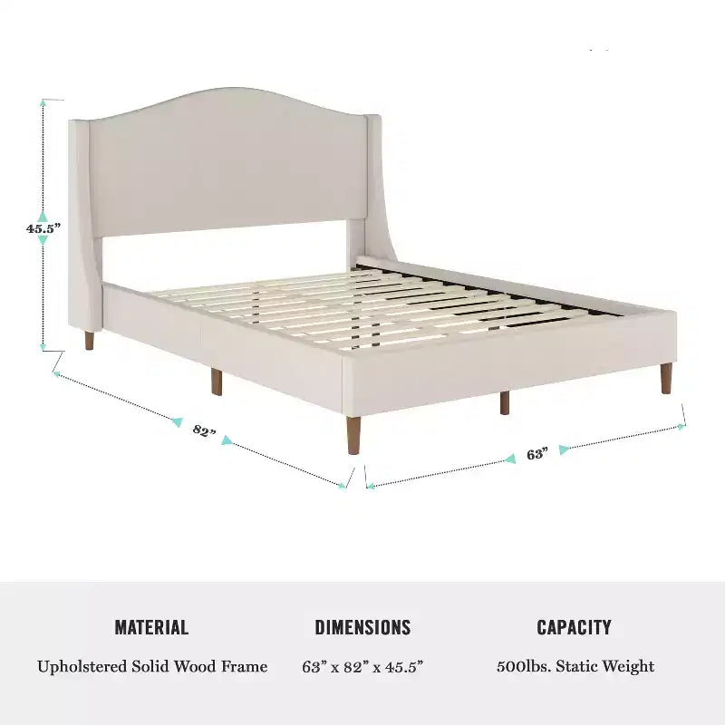Letto a piattaforma imbottito Amelia con testiera curva e sponde imbottite