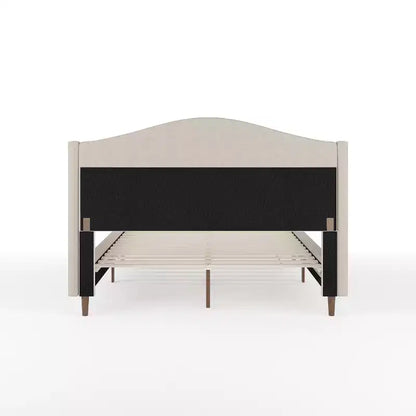 Letto a piattaforma imbottito Amelia con testiera curva e sponde imbottite