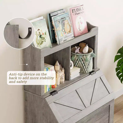 Libreria in legno per bambini con contenitore per giocattoli a coperchio apribile