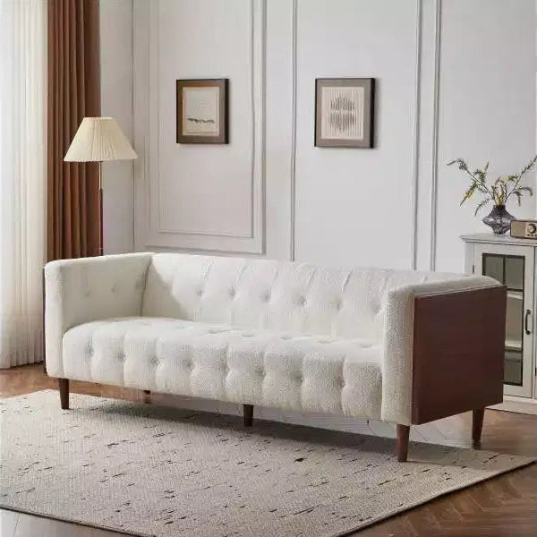 Divano a 3 Posti – Tessuto Bouclé Beige con Dettaglio Trapuntato